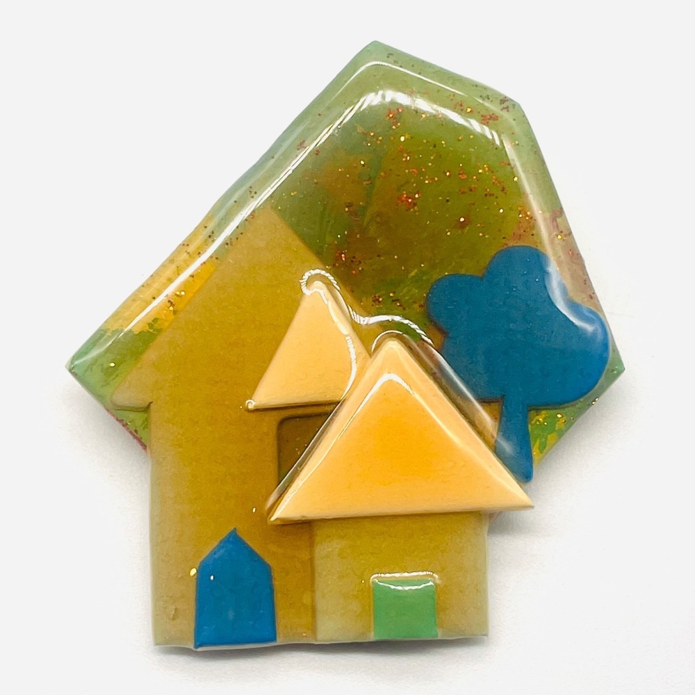 Lucinda House Pins Brooch Resin Whimsical Cottage Blue Tree Glitter 2.5" x 2.25"